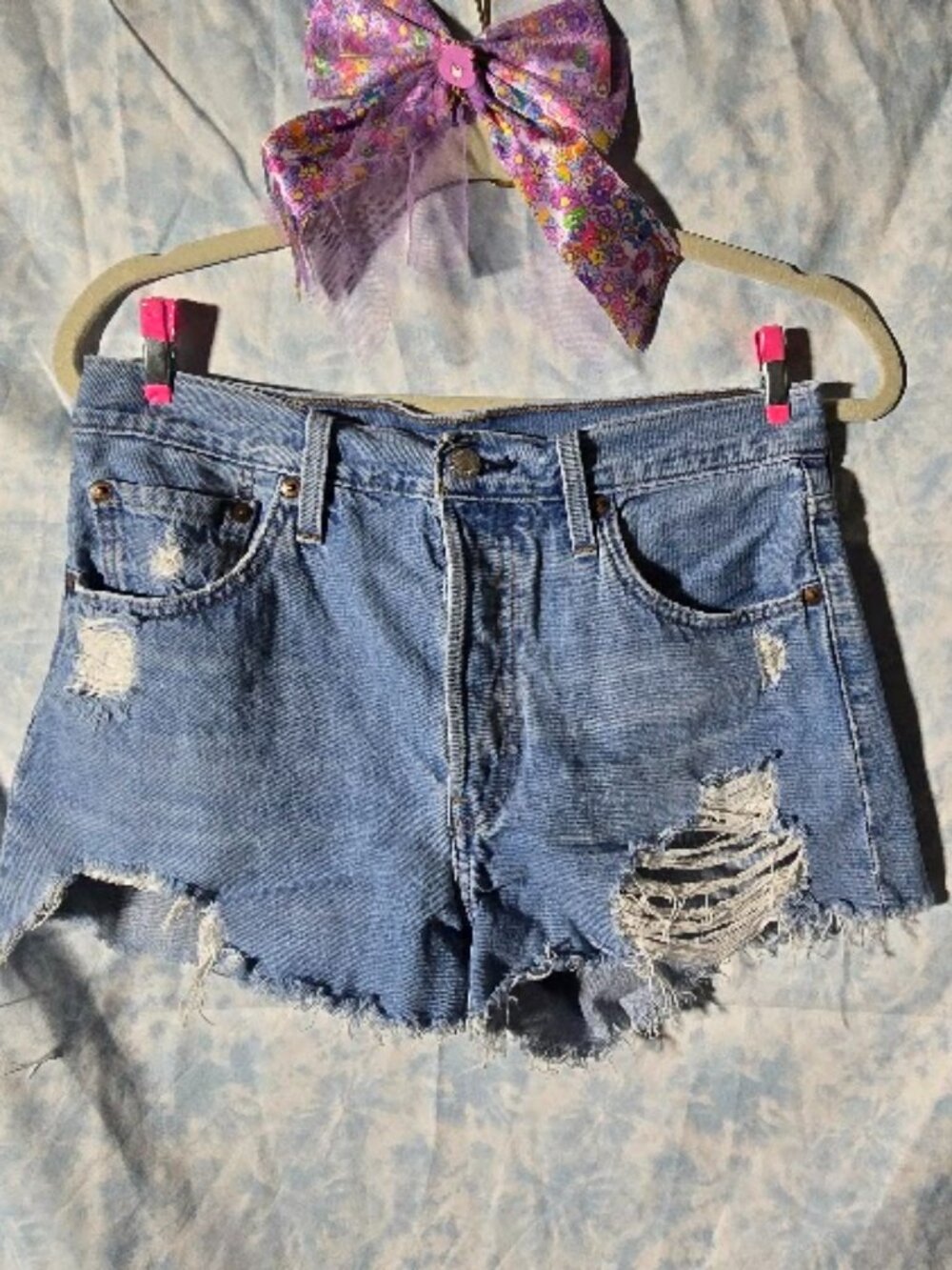 Vintage Style Levi's 501 Original Distressed Denim Cut Off Shorts Medium Wash